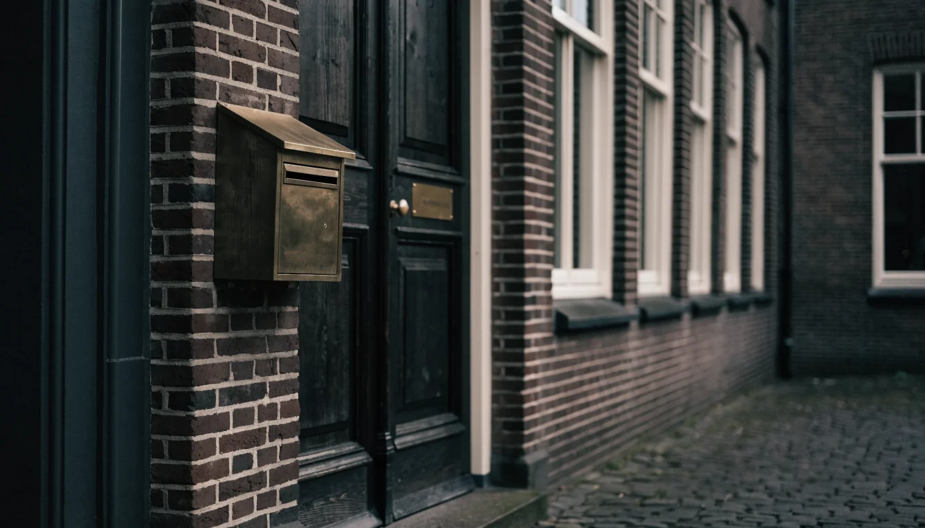Stille ingang van een Nederlands overheidsgebouw met naamplaatje.